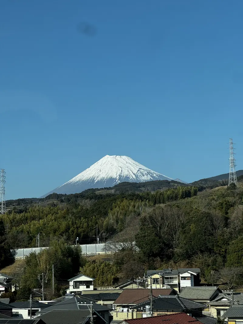 El monte Fuji nevado asomando detrás de los tejados de un pueblo